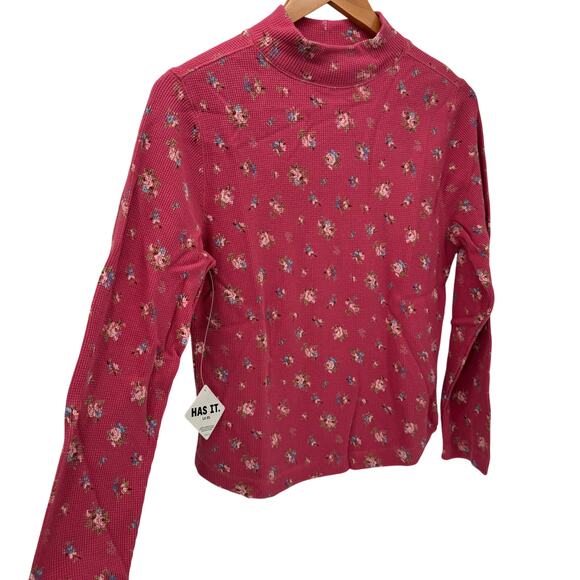 LL Bean Shirt Womens Medium Pink Floral Thermal Waffle Knit Mock Neck Pullover - Picture 3 of 8